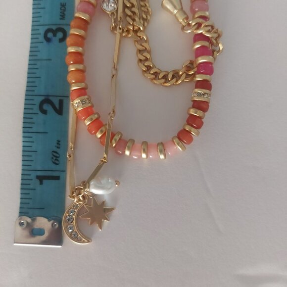 LOFT Necklace Celestial Charms Gold Coral Beaded Boho Chic Moon Star Layer Stack - Picture 6 of 7